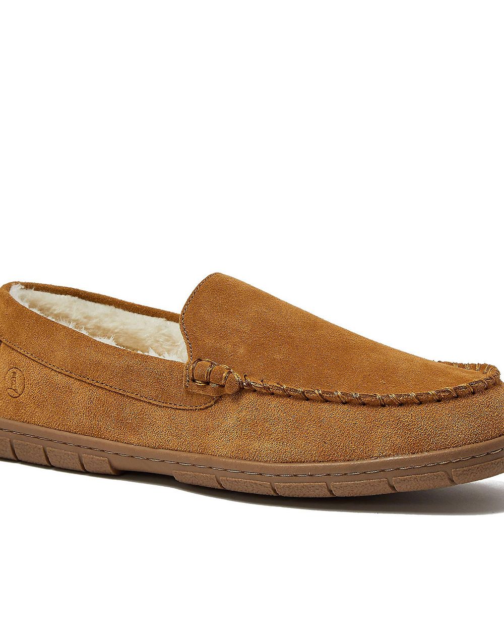 Lands' End Men's Wide Width Fuzzy Lined Suede Moccasin Slippers