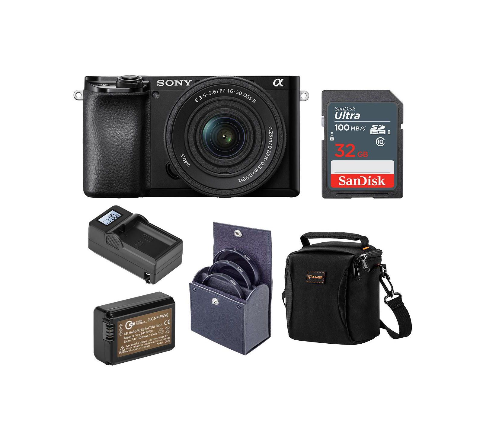 Цифровая беззеркальная камера Sony Alpha A6100 с объективом 16-50mm (Black), базовый комплект с набором фильтров, аккумулятором, зарядным устройством, сумкой и SD Card 32GB