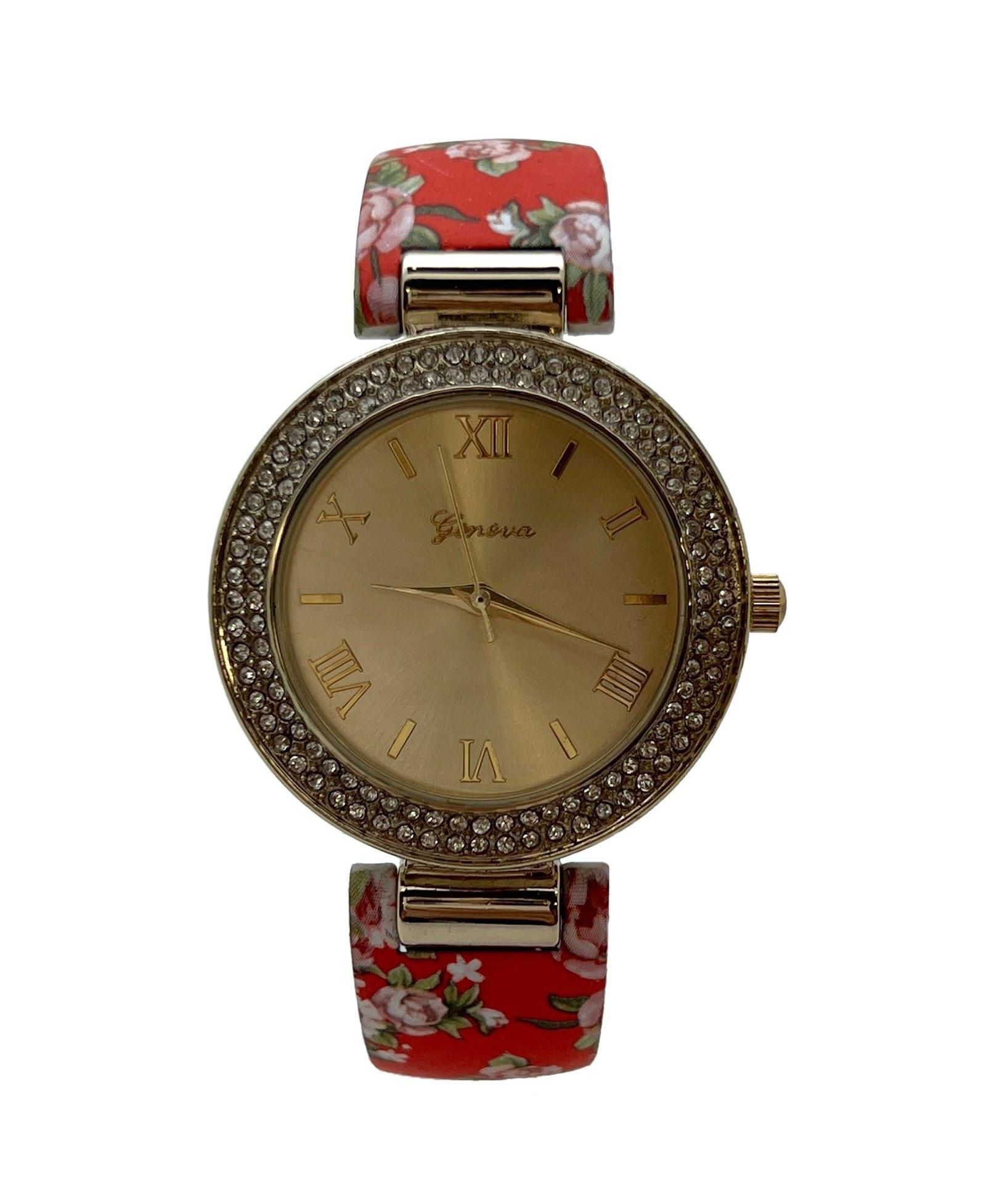 Olivia Pratt Red Floral Printed Soft Band Bangle Women Watch