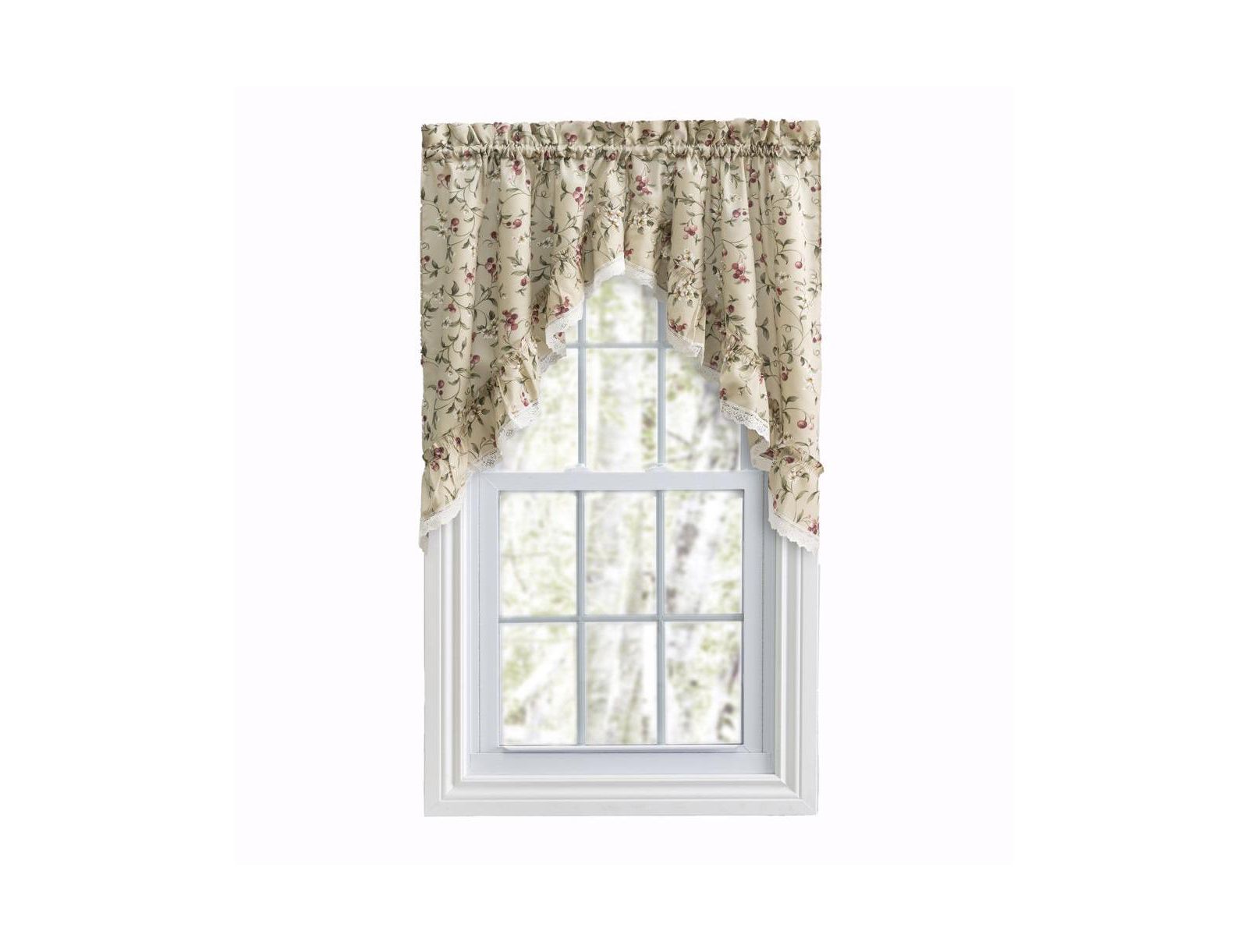 Ellis Curtain Cherries Ruffled 1.5" Rod Pocket Swag for Windows Lace Edge 58" x 36" Natural