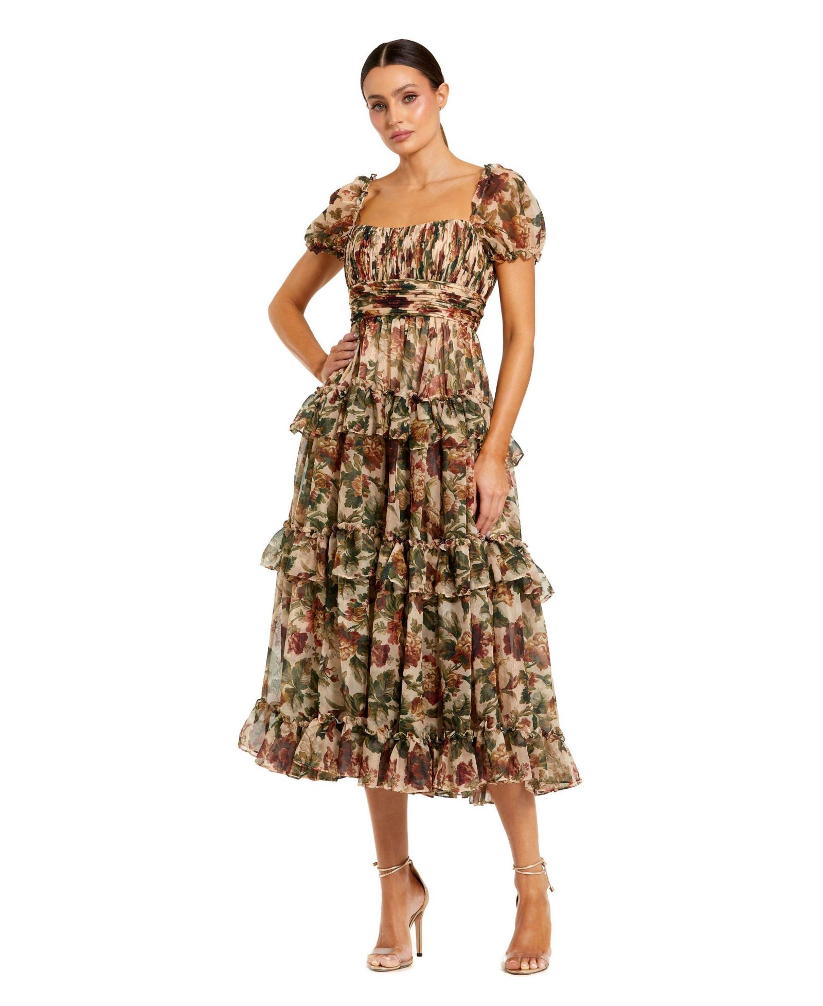 Женское миди-платье Mac Duggal Chiffon Puff Sleeve A Line с рюшами