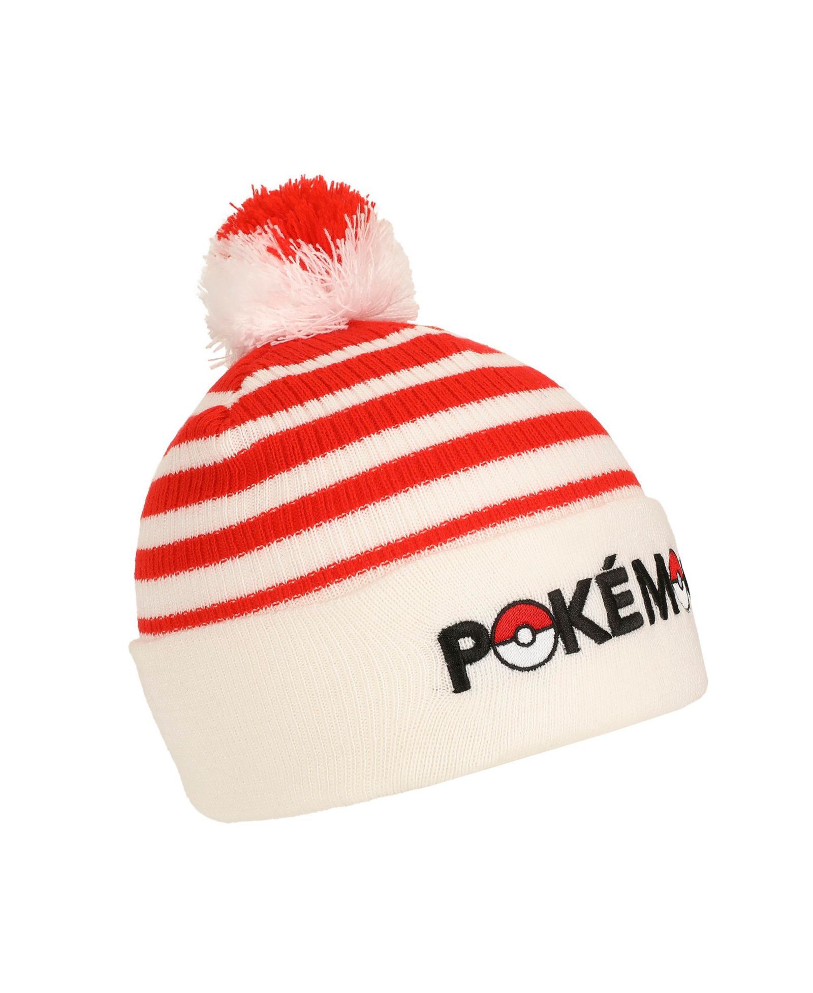 Шапка Pokemon Men's Pokeball Plush Pom, Red And White Stripes Cuff Beanie
