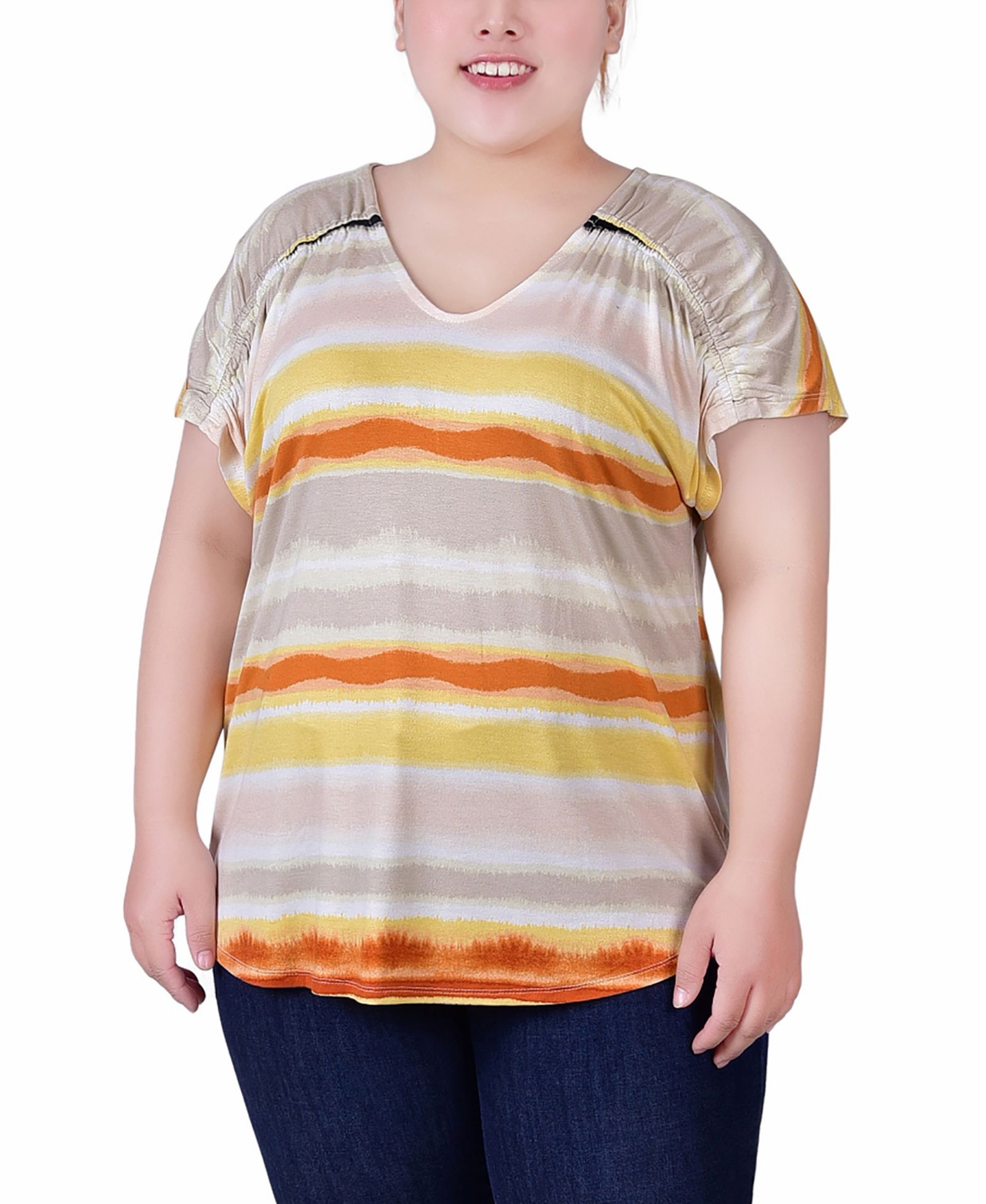NY Collection Women's Plus Size Short Sleeve Striped V neck Top