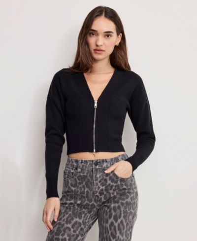 Good American Women's V-Neck Front Zipper Sweater