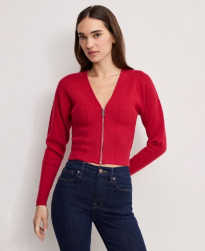 Good American Women's V-Neck Front Zipper Sweater