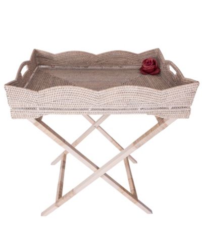 Artifacts Rattan Scallop Design Butler Tray with Wooden Legs