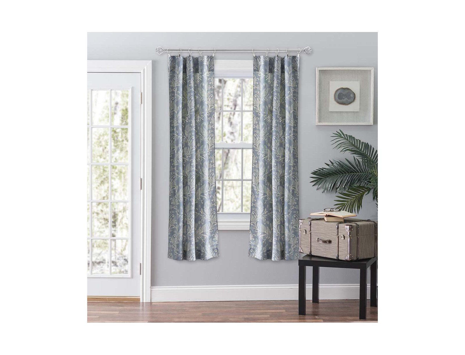 Ellis Curtain Lexington Leaf Pattern on Colored Ground Curtain Pair with Ties Blue