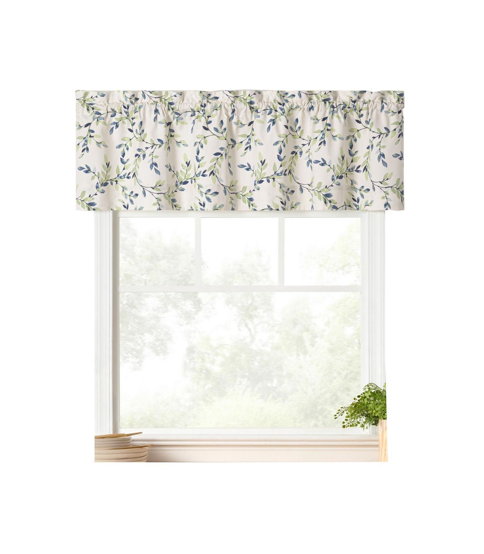 Ellis Curtain Vintage 3" Rod Pocket Printed Vine Scalloped Lined Window Valance 58"x15" Azure