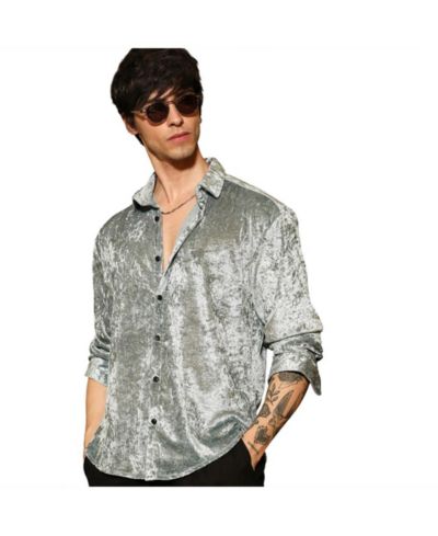 Campus Sutra Men's Sage Green Solid Velvet Shirt