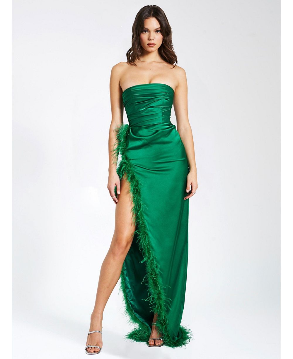 Женское вечернее платье Miss Circle Perrin Emerald Green Feather High Slit Gown