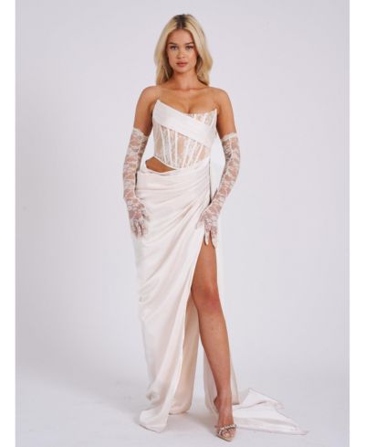 Женское вечернее платье Miss Circle Callie Pearl White Lace Satin Corset High Slit Gown