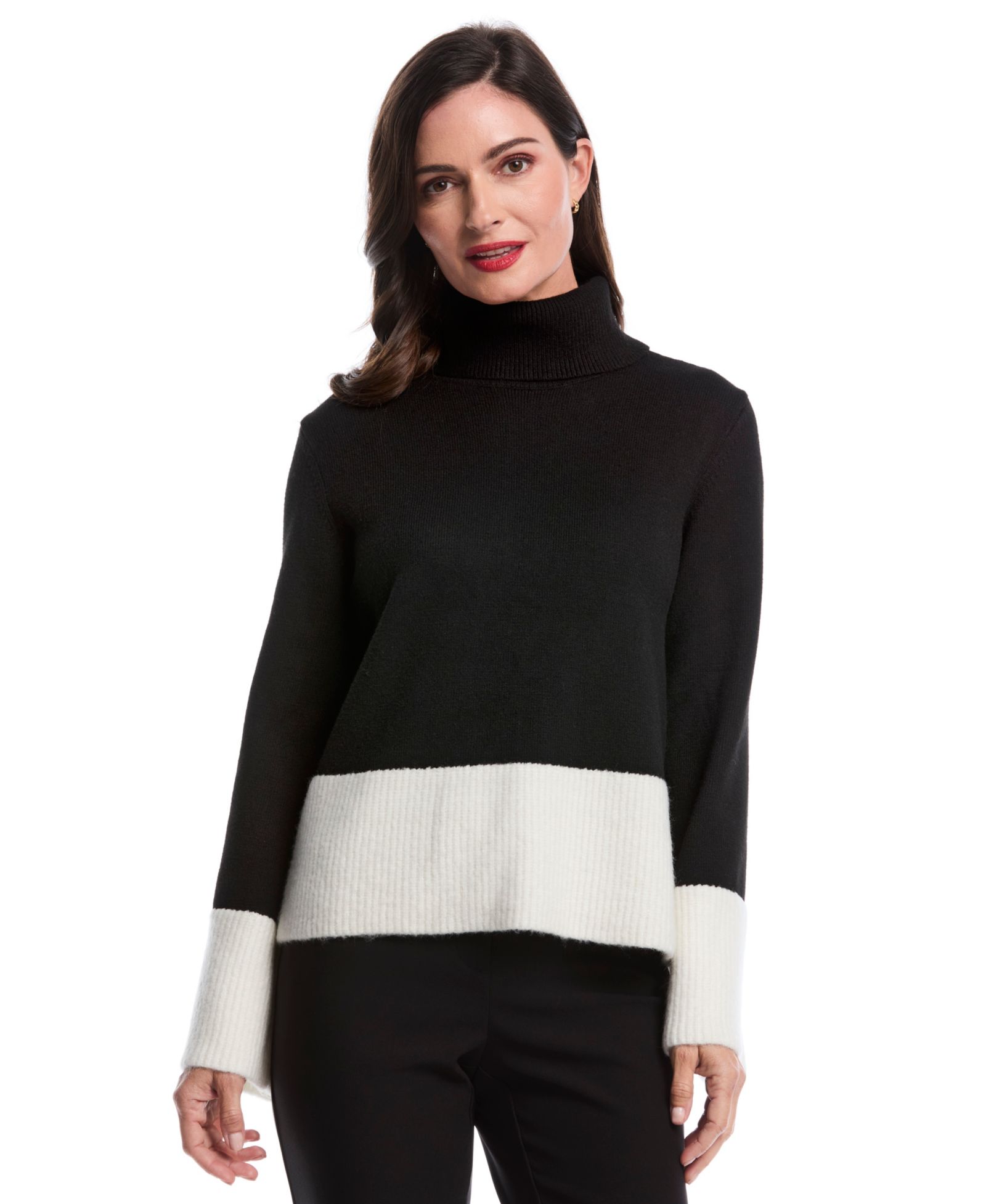 Rafaella Petite Color Block Trim Turtleneck Long Sleeve Sweater