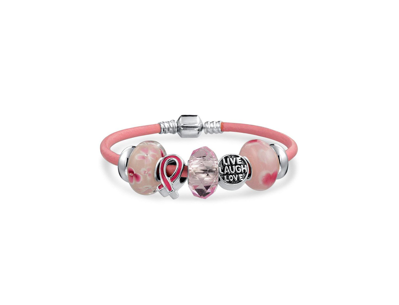 Браслет Bling Jewelry Breast Cancer Awareness Sterling Silver Live Love Laugh Pink Ribbon Heart Charm Leather