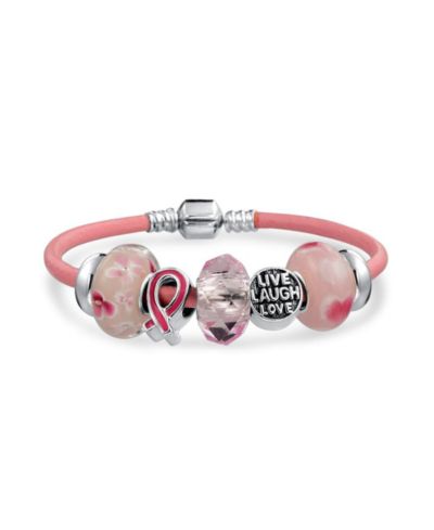 Bling Jewelry Breast Cancer Awareness Pink Ribbon Bead Bracelet Leather Sterling Clasp 7"