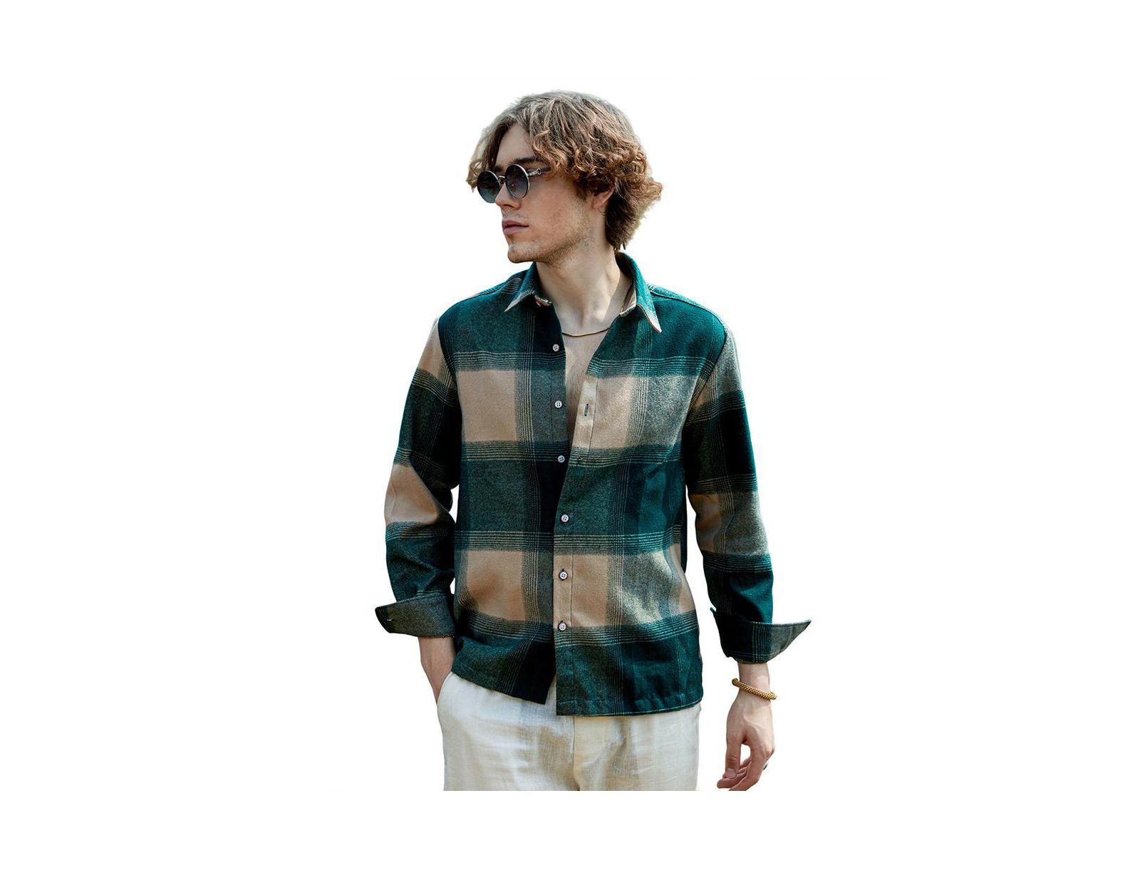 Мужская рубашка Campus Sutra Emerald Green & Buff Beige Vignette-Checkered Oversized