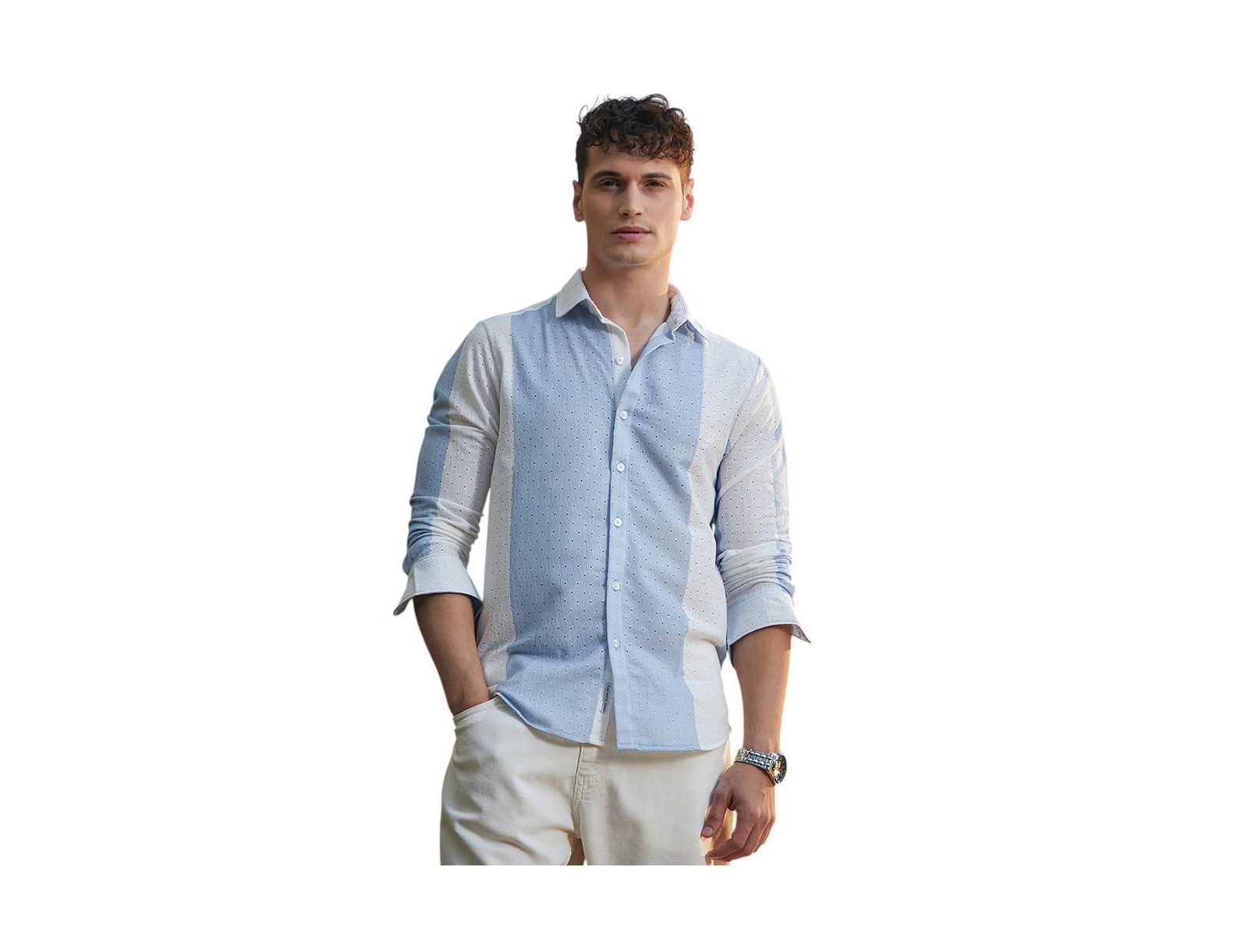 Campus Sutra Men's Powder Blue & Daisy White Panel-Tactile Shirt