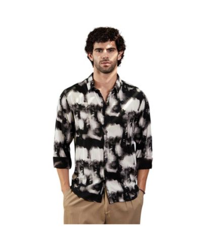 Campus Sutra Men's Onyx Black Textured Brushwork Shirt