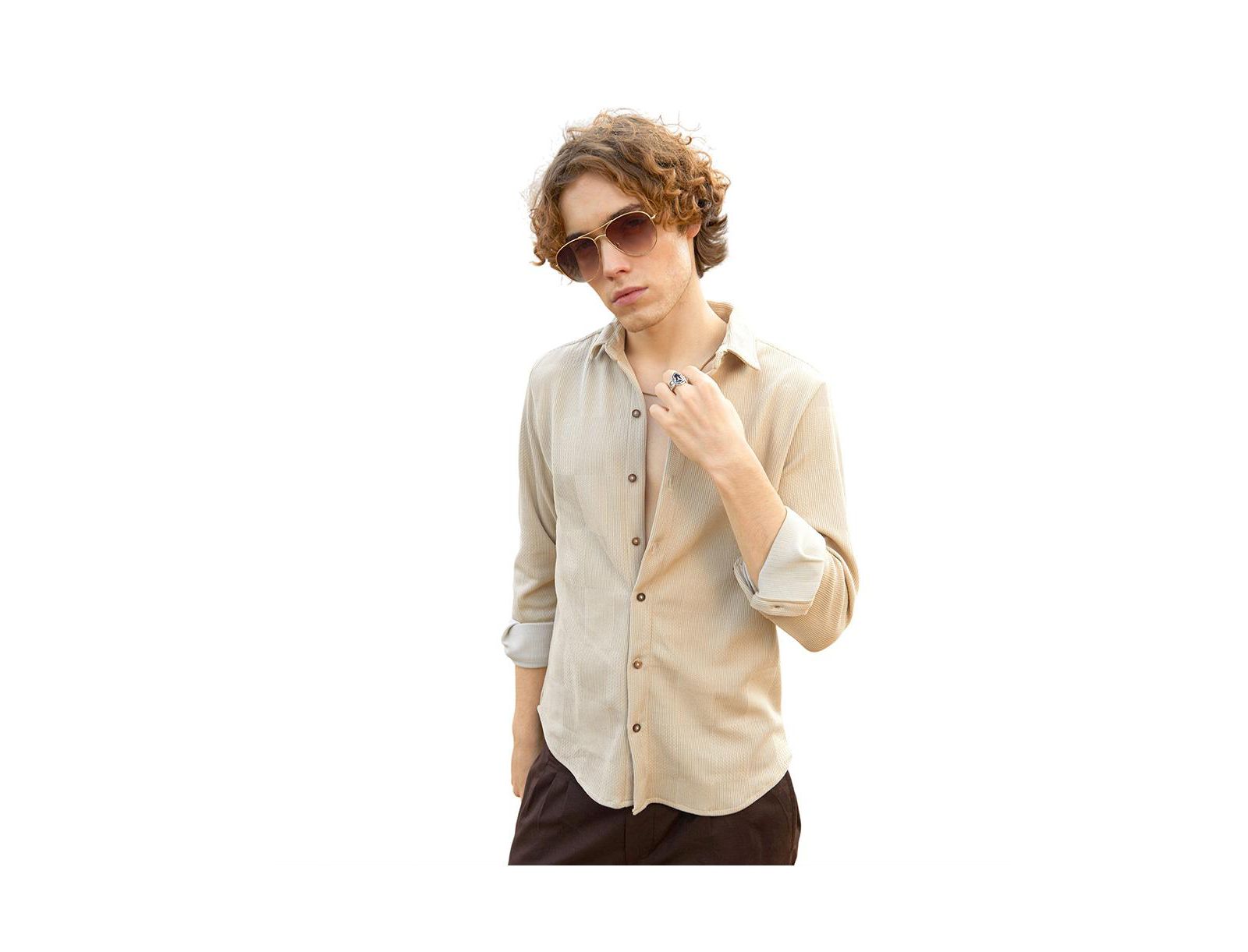 Campus Sutra Men's Saltbox Beige Solid Knit Shirt