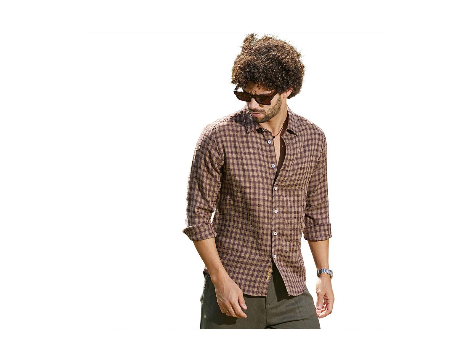 Campus Sutra Men's Mocha Brown Bi-Check Shirt