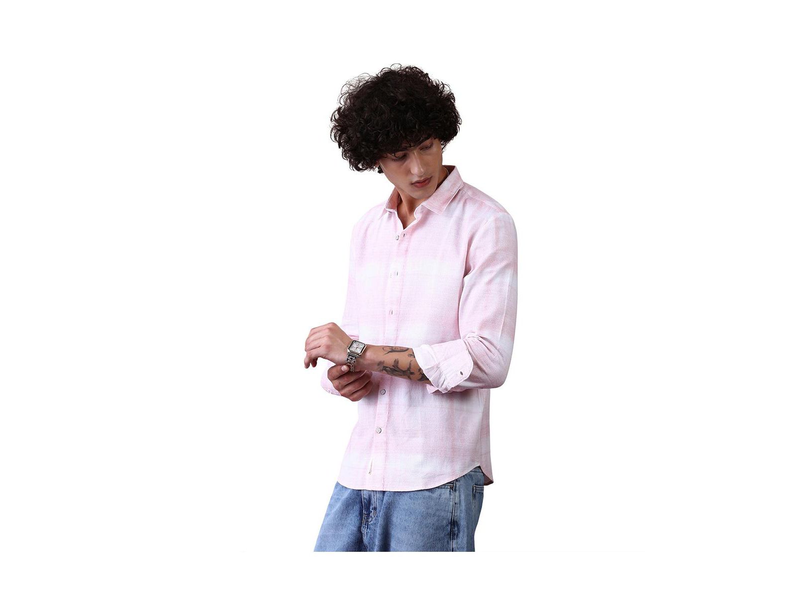 Campus Sutra Men's Rose Pink & Daisy White Velobrush-Tactile Shirt