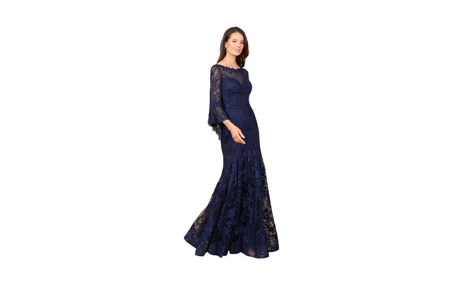 Lara Women's Illusion Neck, Long Bell Sleeve Gown