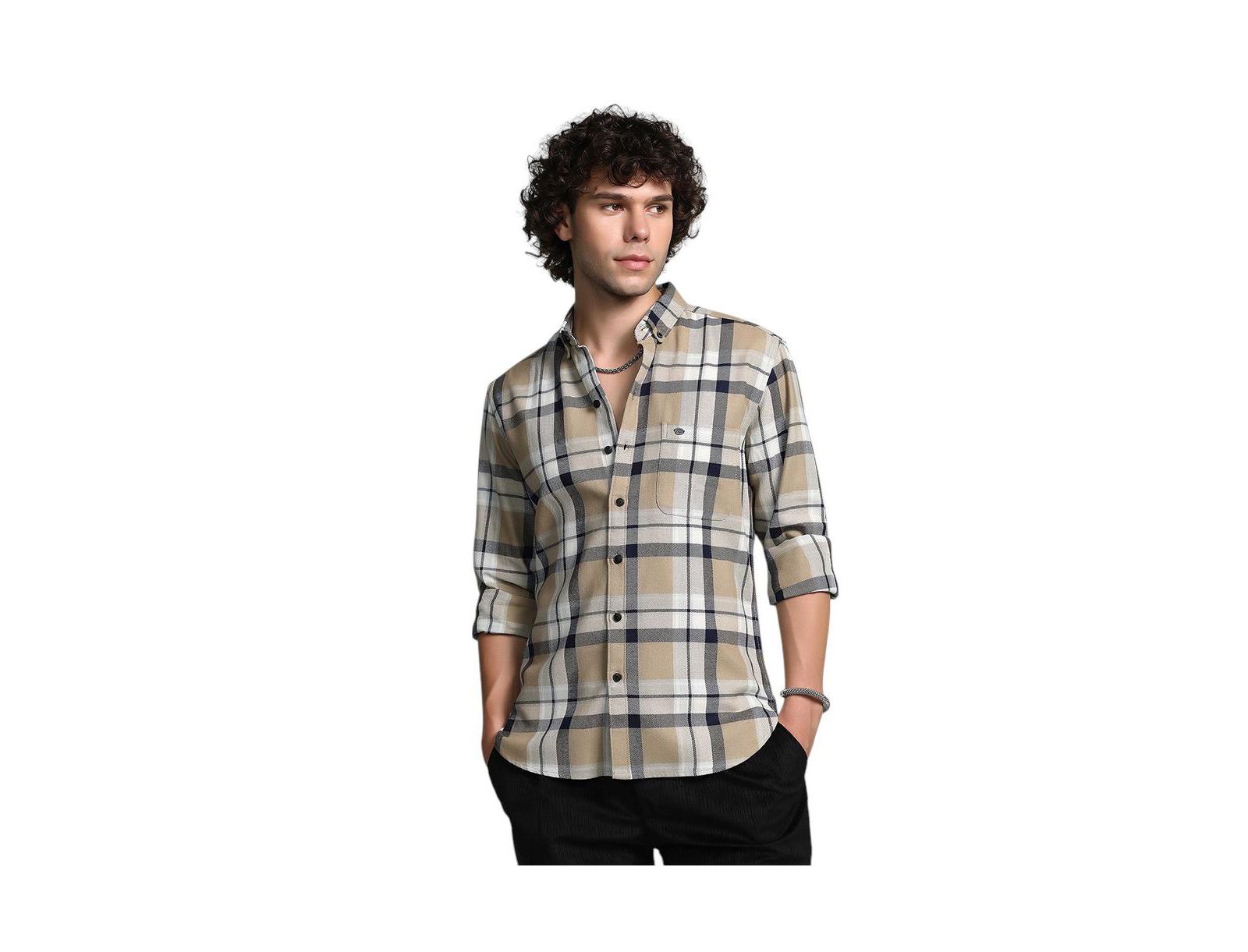 Campus Sutra Men's Sand Beige Shadow-Checkered Shirt