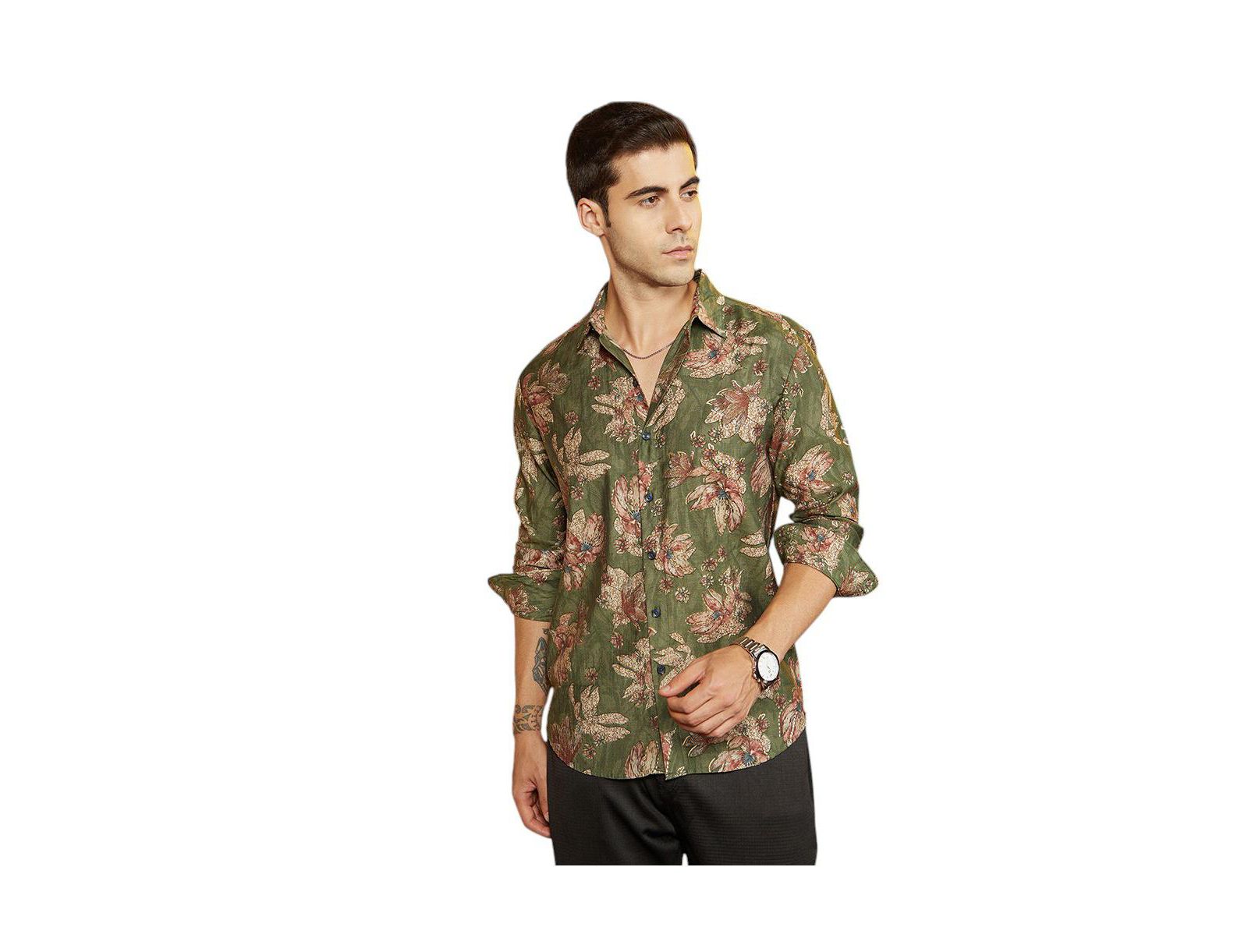 Campus Sutra Men's Olive Green Withering-Bloom Shirt