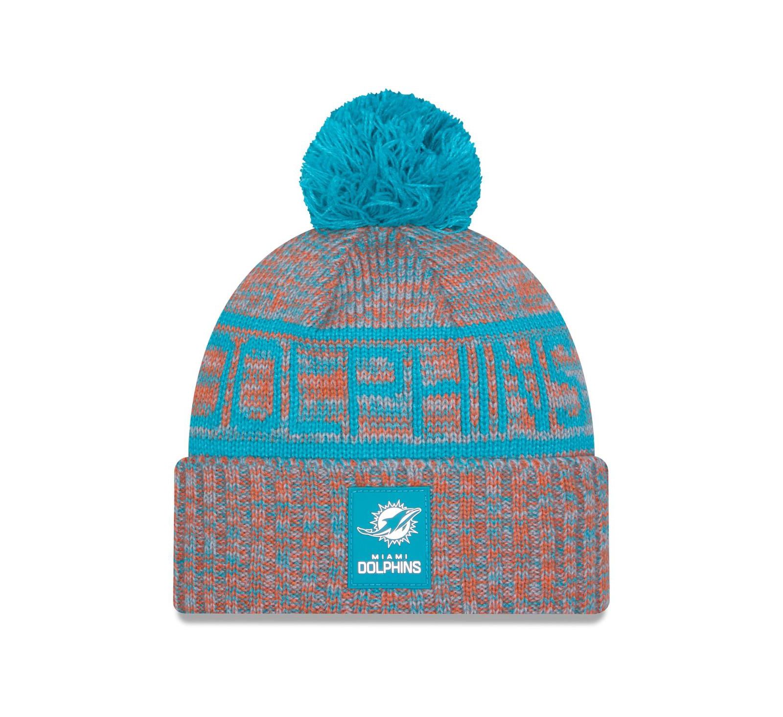 Мужская вязаная шапка New Era Orange Miami Dolphins 2025 Sideline Cold Weather Cuffed Pom