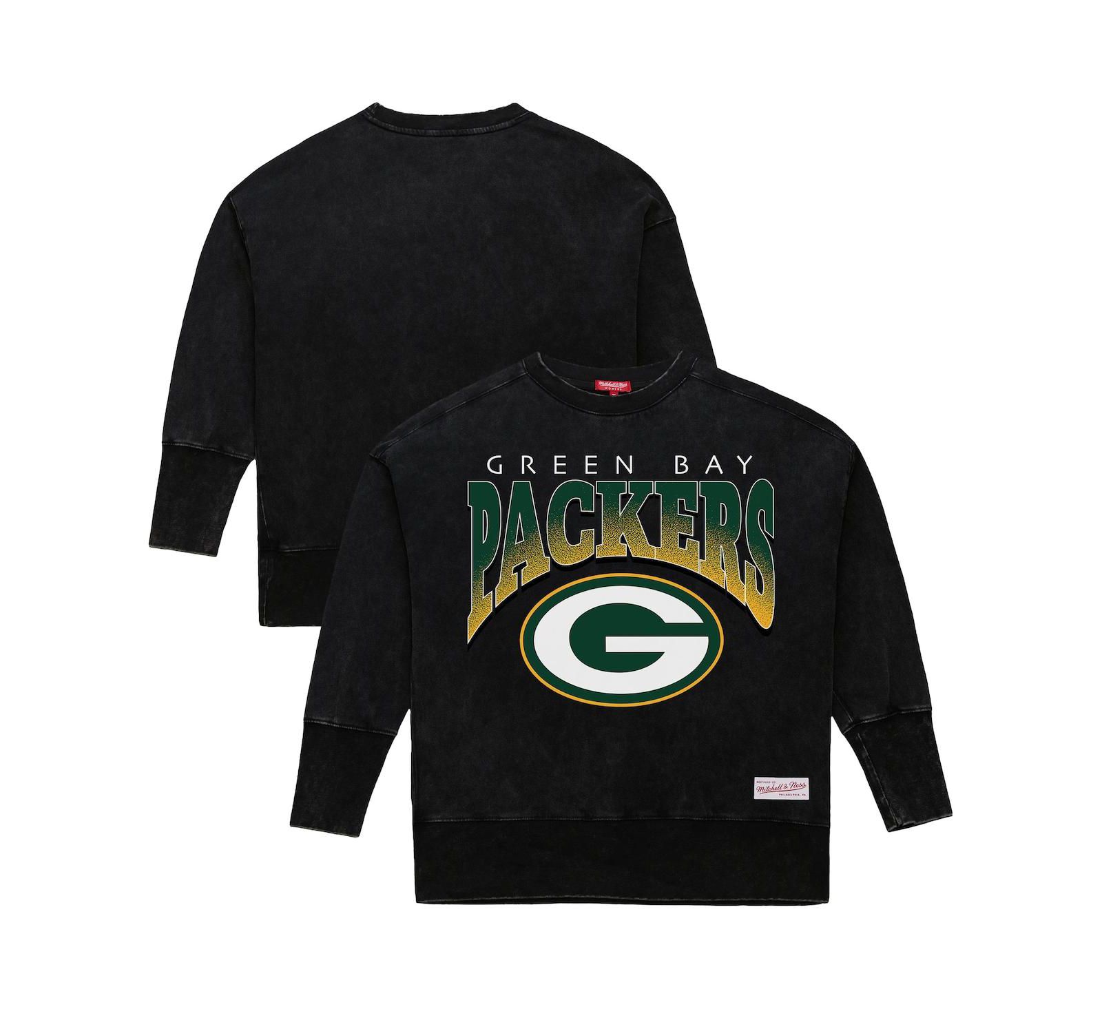 Mitchell & Ness Women's Black Green Bay Packers Delineate Mineral Wash Crewneck Sweatshirt