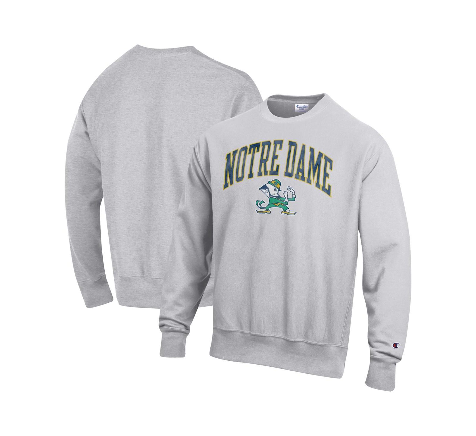 Champion Men's Gray Notre Dame Fighting Irish Distressed Arch Over Logo Reverse Weave Crew Neck Sweatshirt