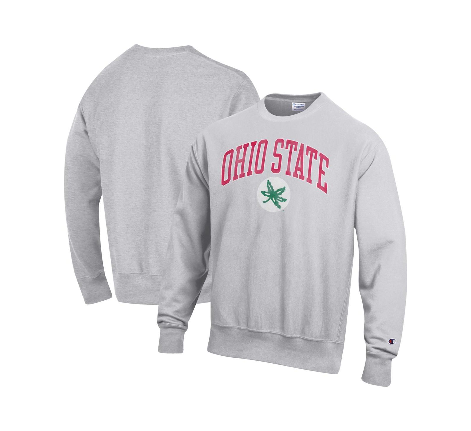 Champion Men's Gray Ohio State Buckeyes Distressed Arch Over Logo Reverse Weave Crew Neck Sweatshirt