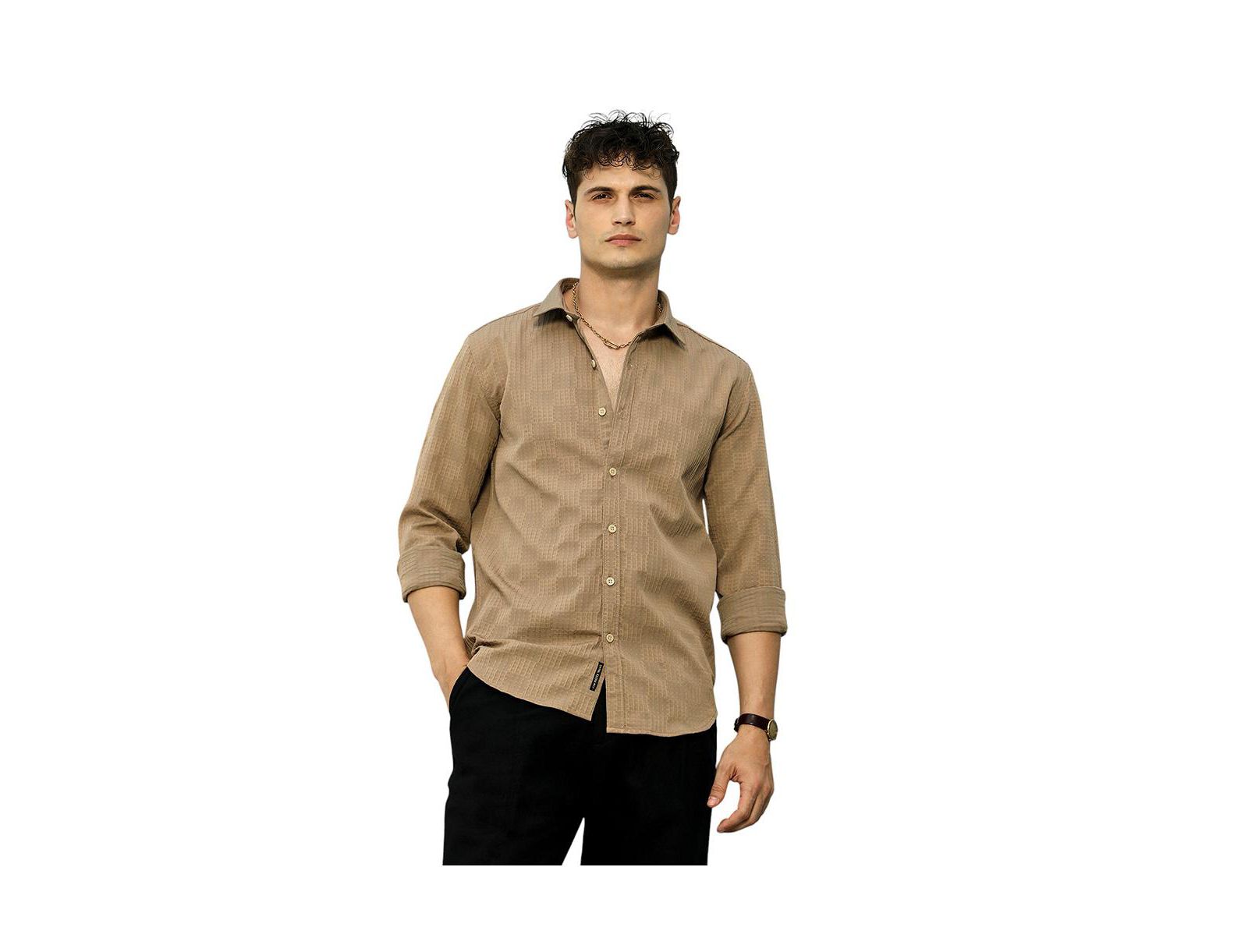 Campus Sutra Men's Ash Brown Grid-Check Tactile Shirt
