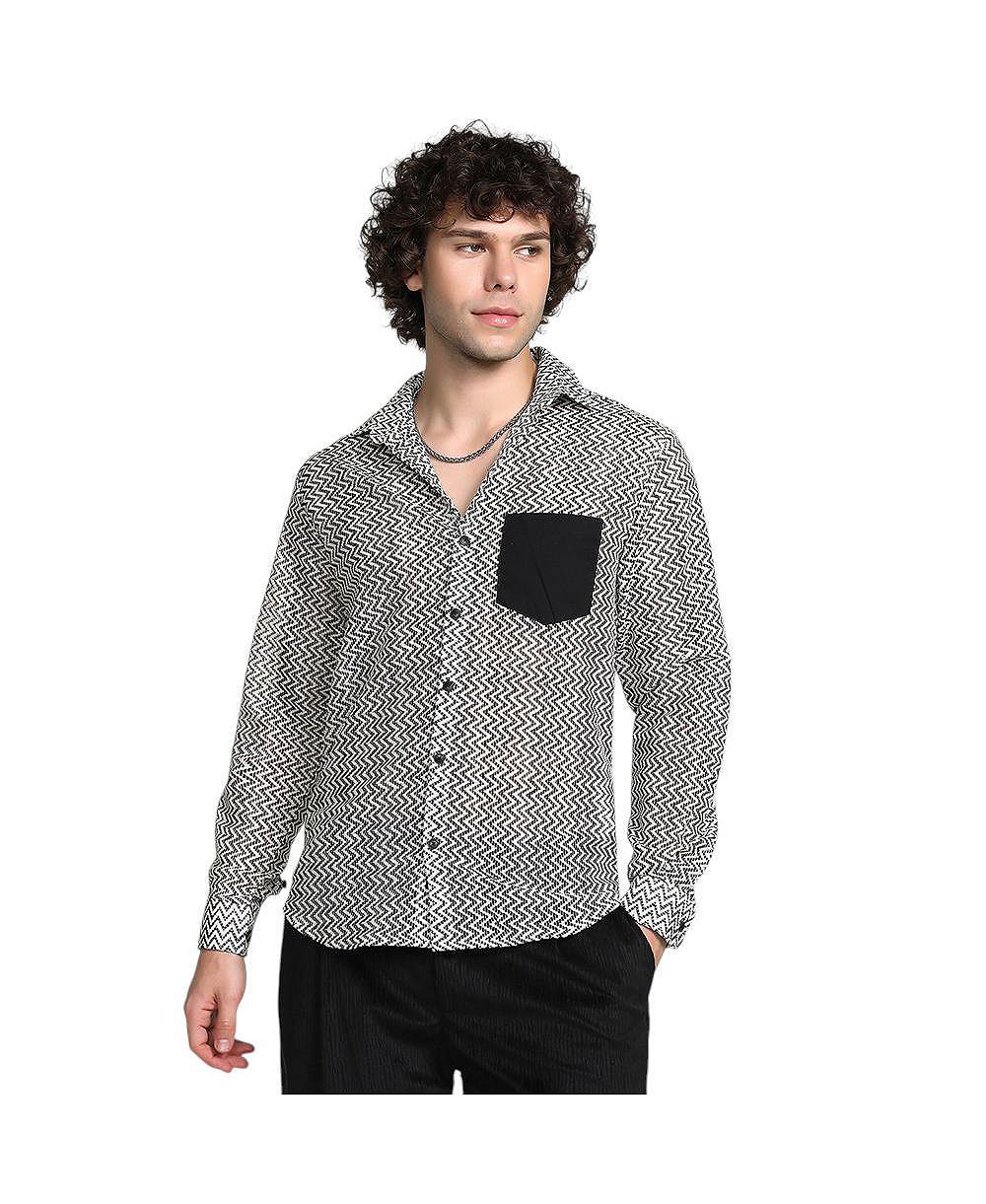 Campus Sutra мужская рубашка Onyx Black & Cream White с зигзагообразным блоком