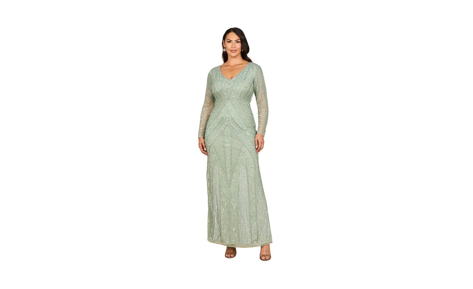 Lara Women's Long Sleeve Geometric Beaded Gown