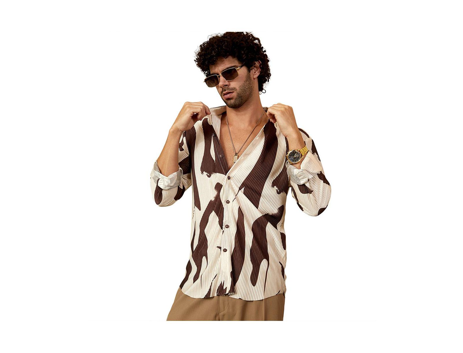 Campus Sutra Men's Chocolate Brown & Daisy White Contour-Lines Pleated Shirt