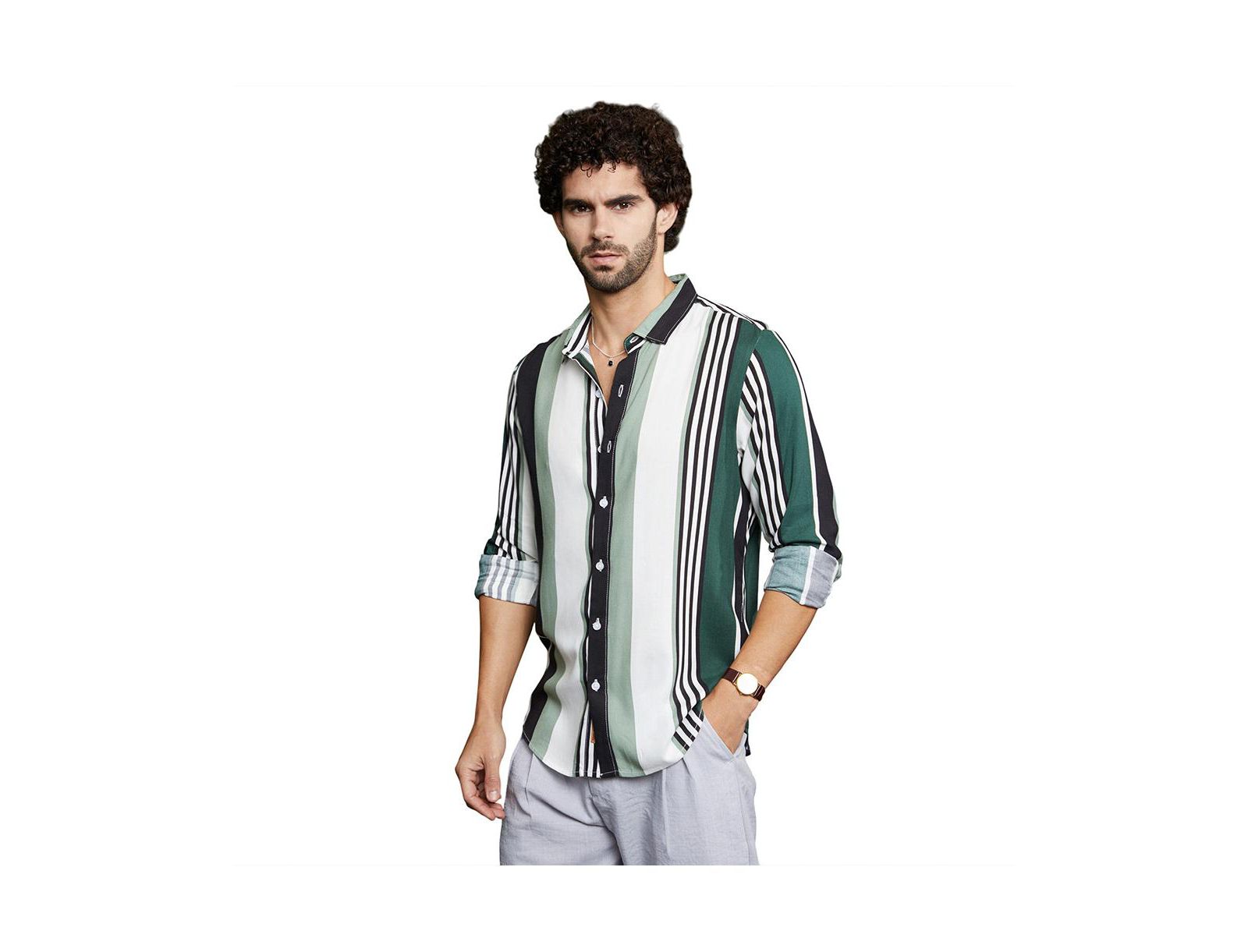 Campus Sutra Men's Jungle Green & Cream White Multitrack-Striped Shirt