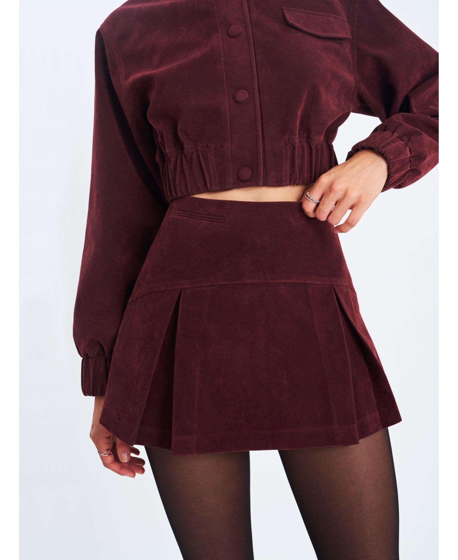 Miss Circle Women's Faryn Mahogany Faux Suede Pleated A-Line Mini Skirt