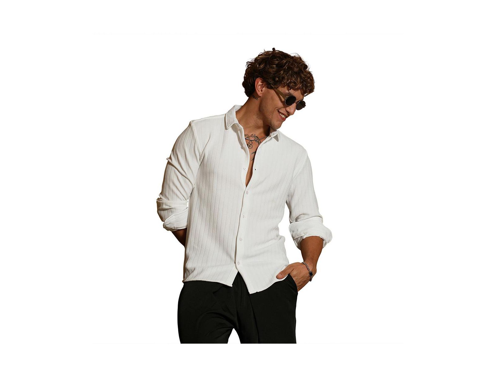 Campus Sutra Men's Chalk White Chevron-Panel Tactile Shirt