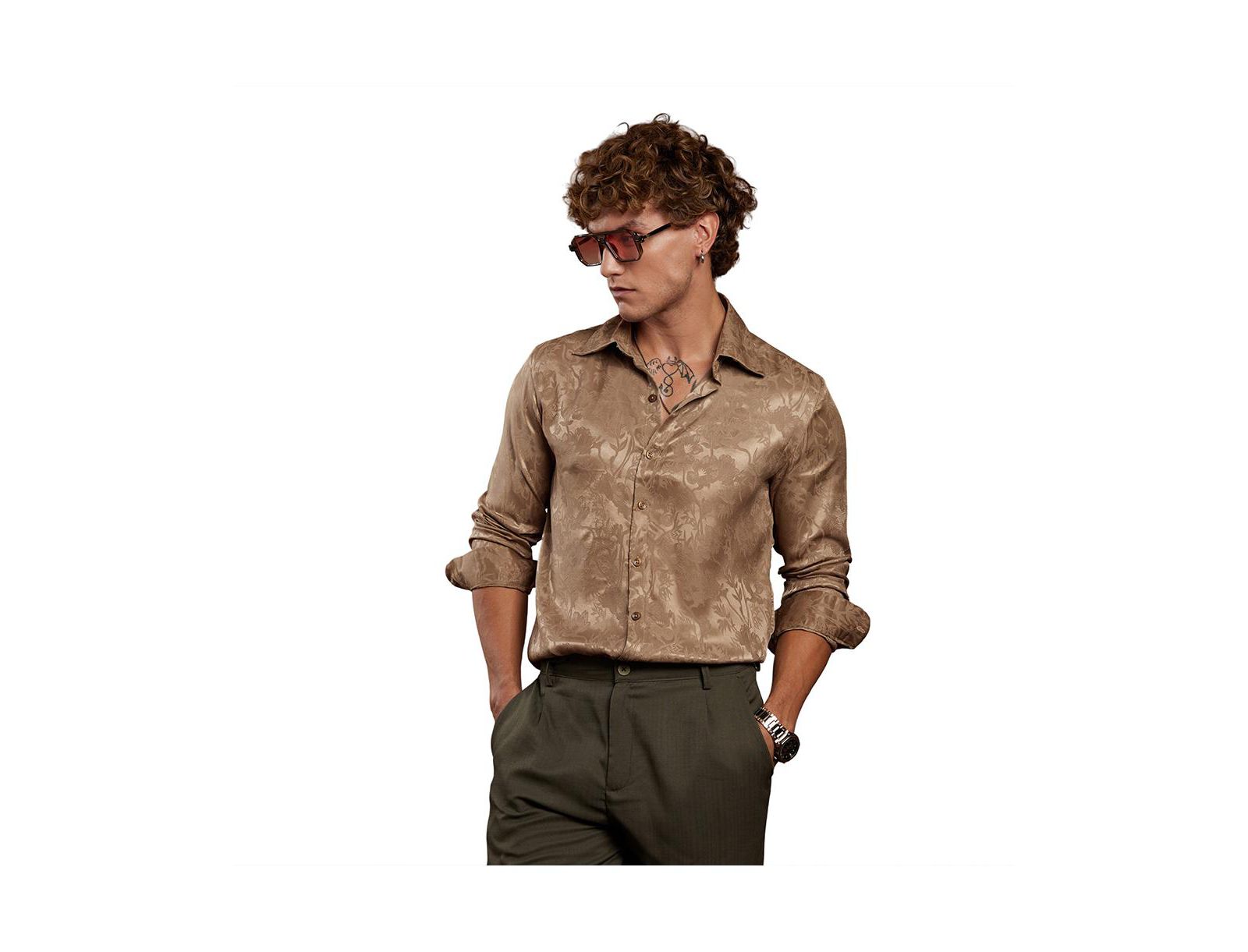 Campus Sutra Men's Peanut Brown Flora-Textured Shirt