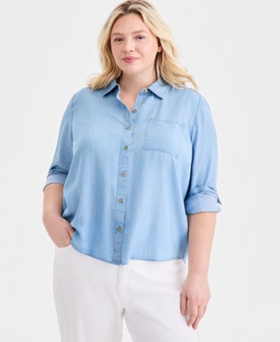 Style & Co Plus Size Chambray Perfect Button-Up Shirt, Macy's Exclusive