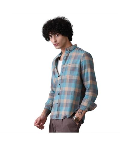 Campus Sutra Men's Sky Blue & Ecru Beige Block-Buffalo Regular Shirt