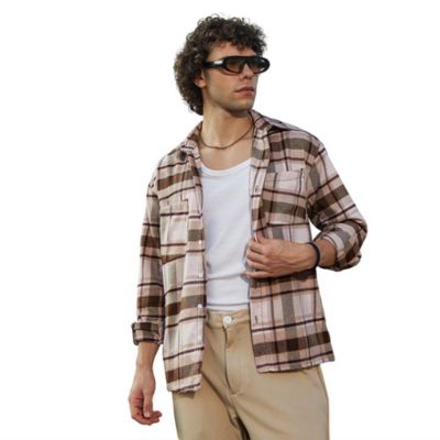 Campus Sutra Men's Saltbox Beige & Pecan Brown Tartan Utility Shacket