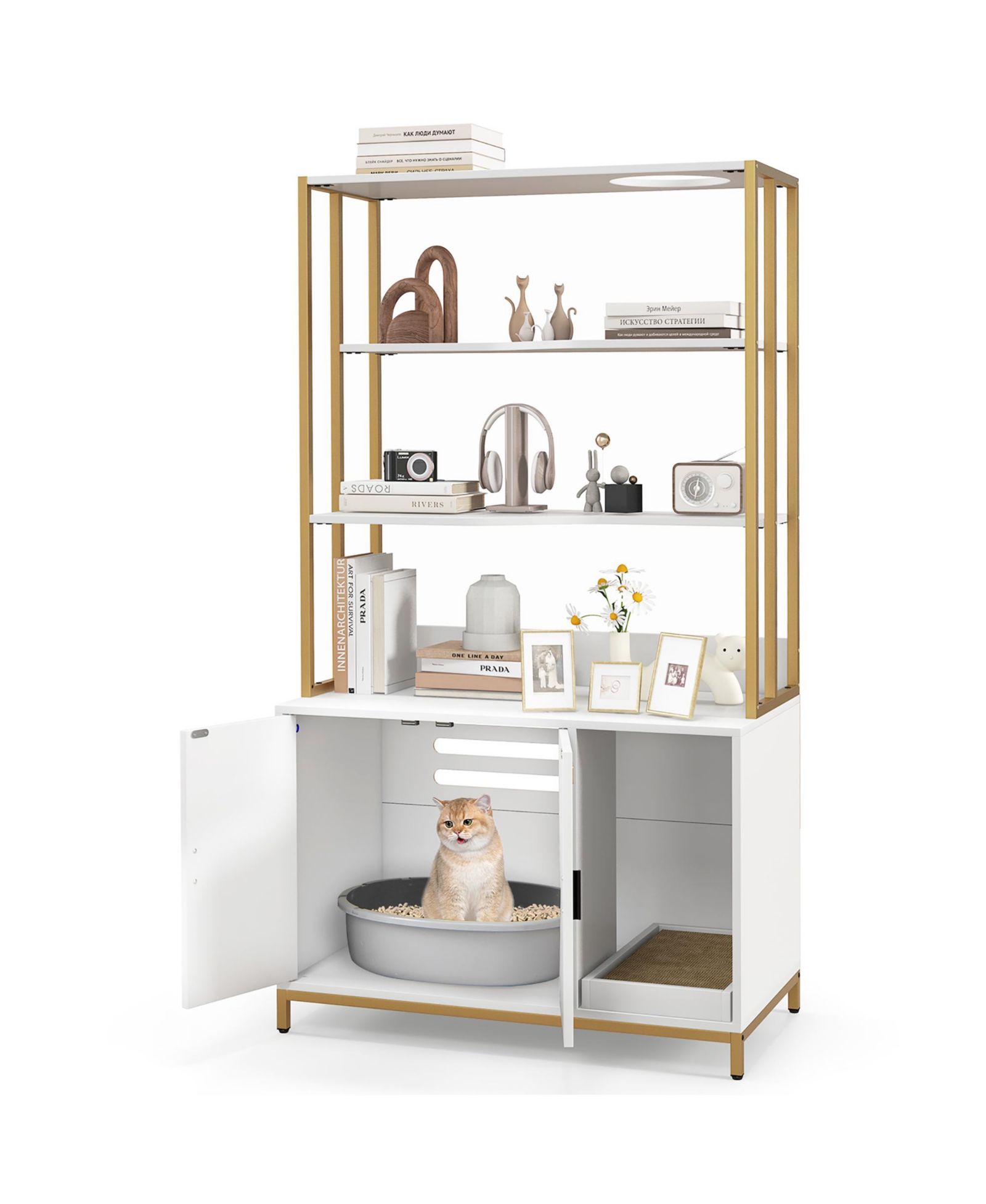 Gymax 61'' Cat Litter Box Enclosure w/ Storage 3-tier Shelves Side Entrance