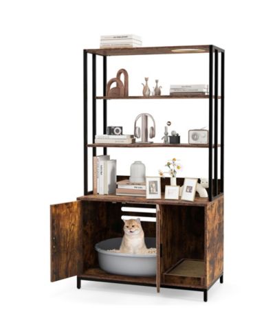 Gymax 61'' Cat Litter Box Enclosure w/ Storage 3-tier Shelves Side Entrance