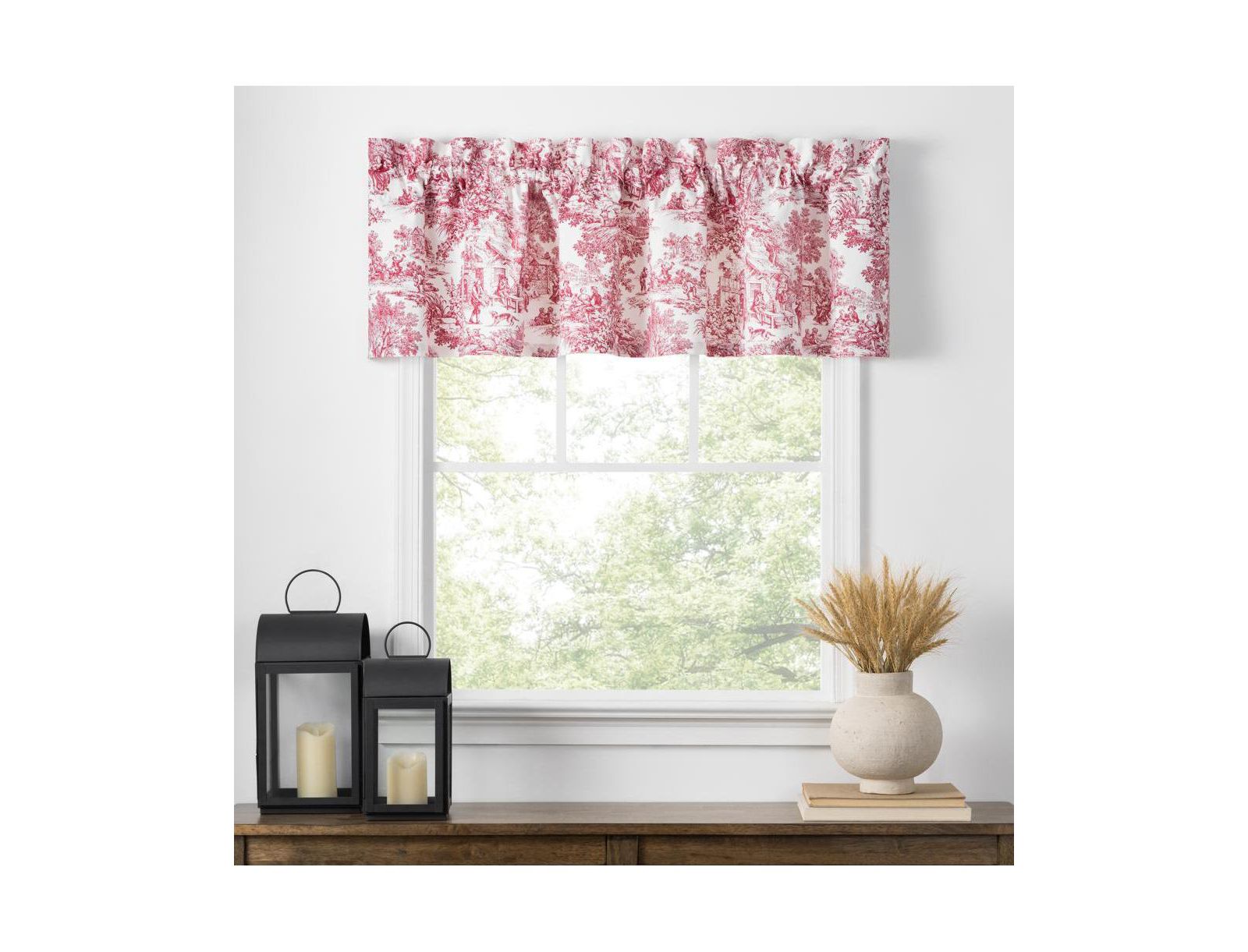Ellis Curtain Victoria Park Toile Water Proof Room Darkening Blackout Tailored Window Valance - 70 x 12, Red