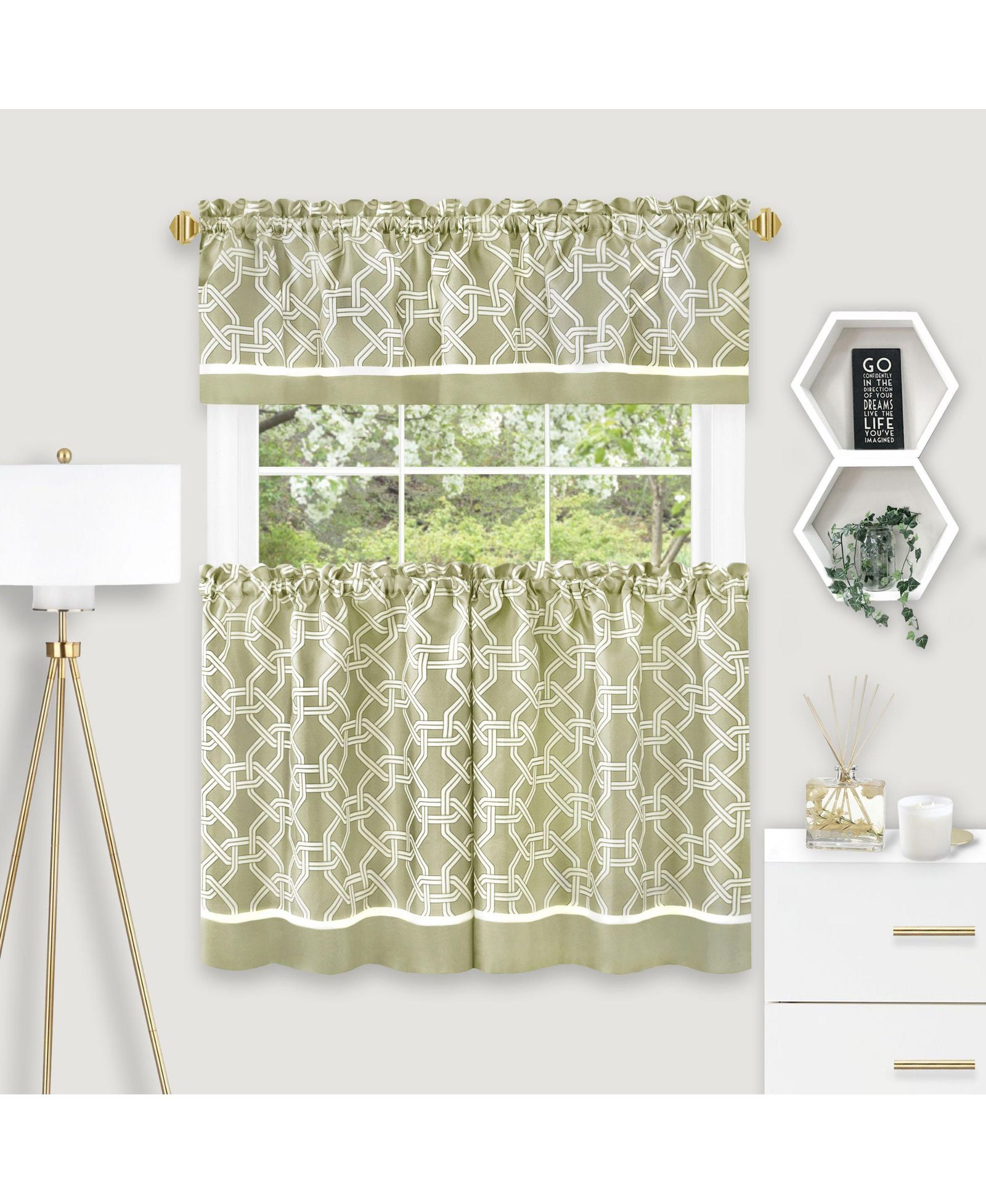 Kate Aurora Geometric Crescent 3 Piece Rod Pocket Cafe Kitchen Curtain Tier & Valance Set