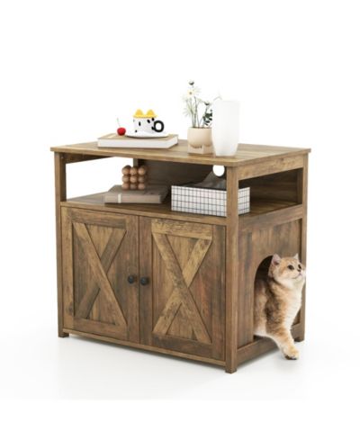 Gymax Cat Litter Box Enclosure w/ Double Barn Doors Divider Side Entry Storage Shelf