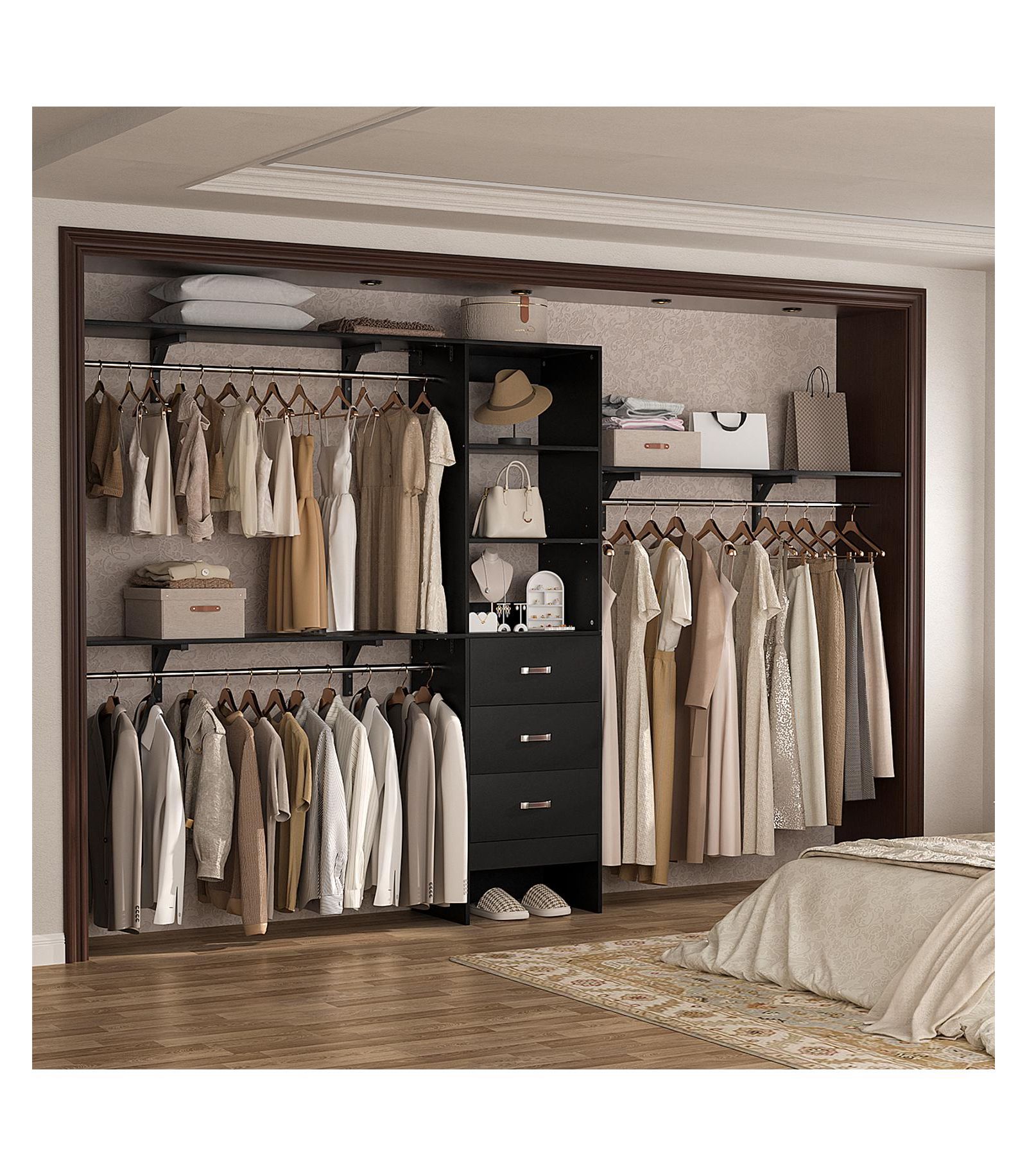 Aheaplus 120'' Heavy Duty Closet Organizer System with 3 Wooden Drawers, 10FT Walk-in Closet Organizer with 3 Shelving Towers