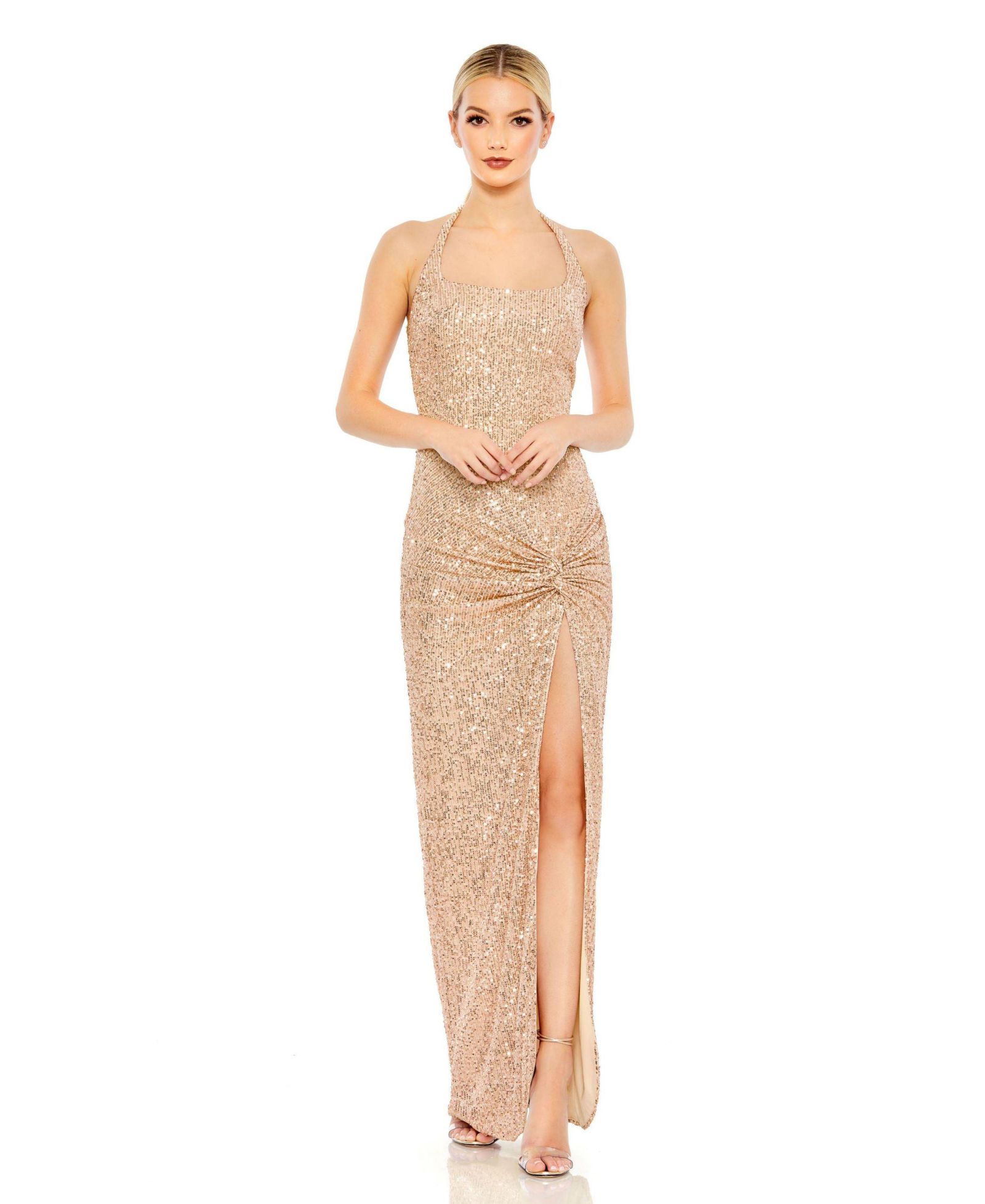 Mac Duggal Women's Sequined Halter Strap Low Side Knot Gown