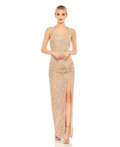 Mac Duggal Женское вечернее платье с пайетками и завязками на шее, низким вырезом и узлом сбоку